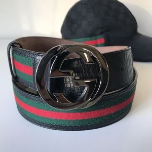 Gucci web & leather belt with interlocking G 💎